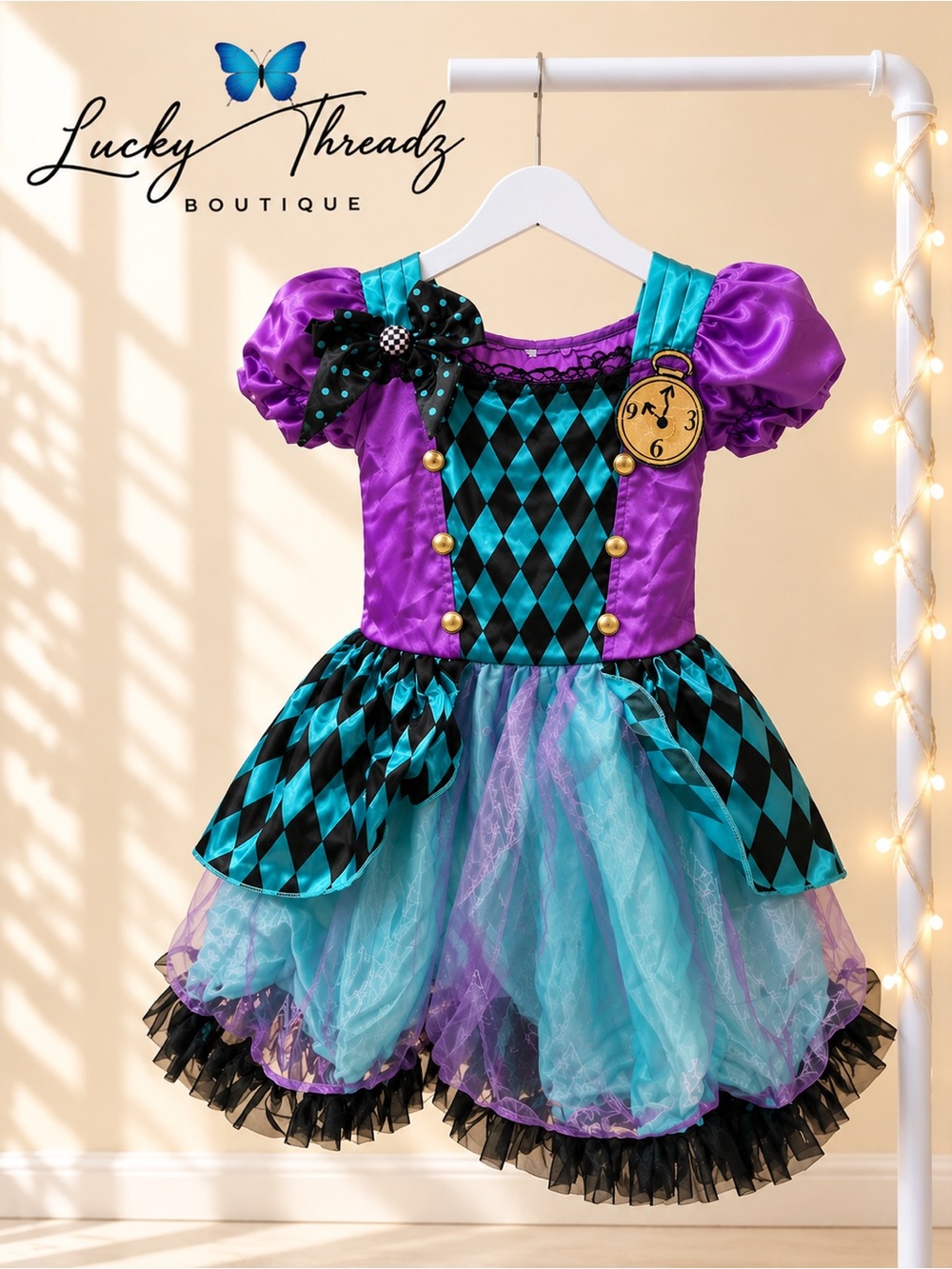 Girls Mad Hatter Costume Dress Purple Teal Alice Wonderland Halloween